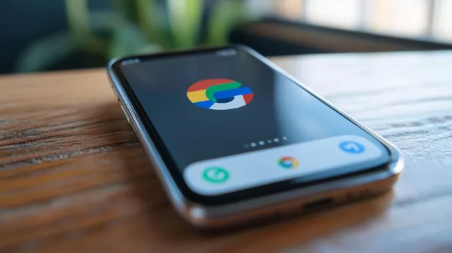 Logo google a jeho internetového prohlížeče na displeji mobilu