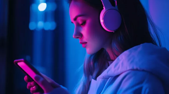 Dívka poslouchá hudbu z mobilu