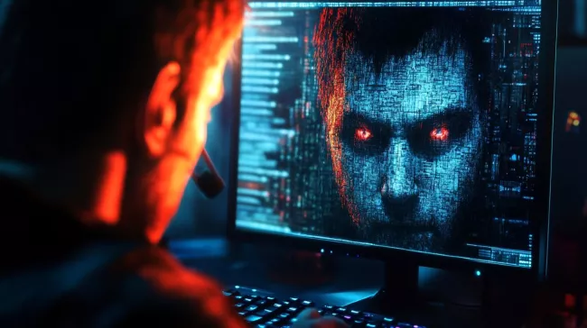 Kyberškůdce hledí na uživatele z monitoru