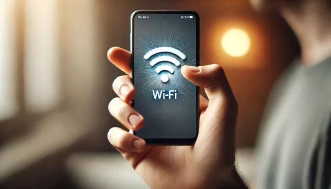 Uživatel drží v ruce mobilní telefon se symbolem Wi-Fi na displeji