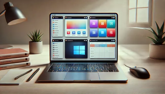 Laptop s přehledně uspořádanými okny na displeji