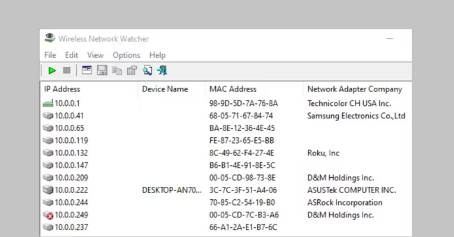 Přehled připojených zařízení v programu Wireless Network Watcher