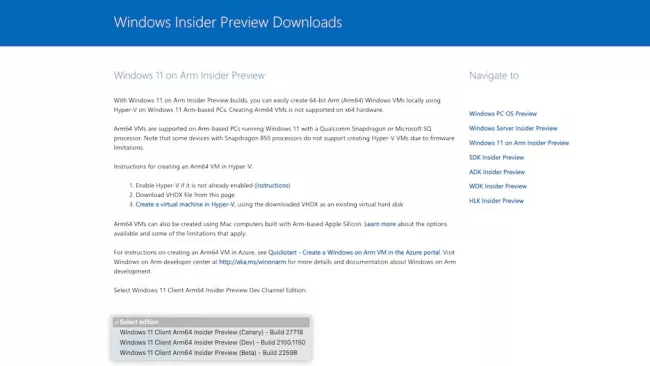 Nabídka stažení Windows on ARM v programu Windows Insider