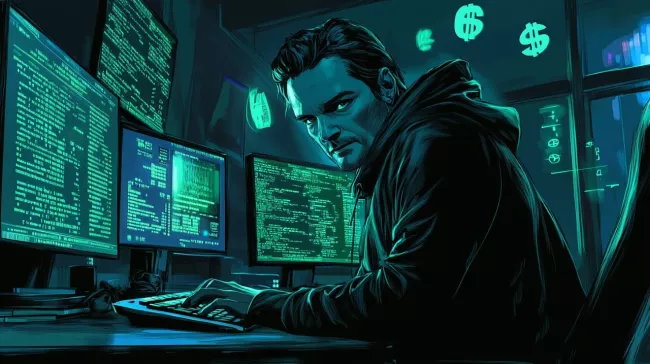 Kyberzločinec sed před několika počítači