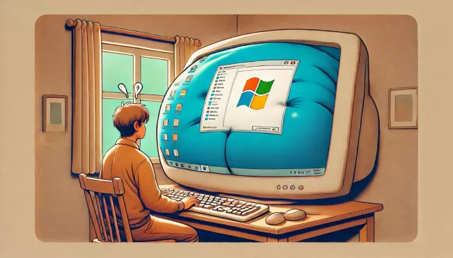 Uživatel sedí u svého monitoru nafouklého k prasknutí