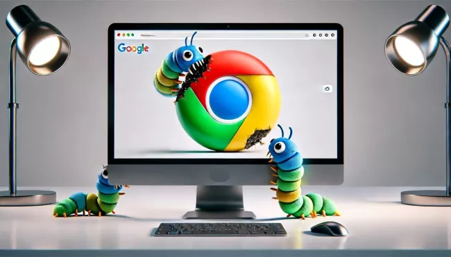 Logo Chrome na monitoru je okusováno červy