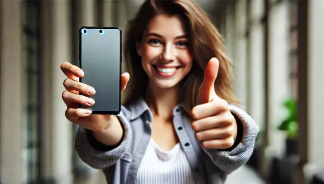 Usmívající se žena nám ukazuje svůj mobil