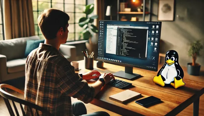 Uživatel si na svém počítači spouští ve virtuálním prostředí Linux