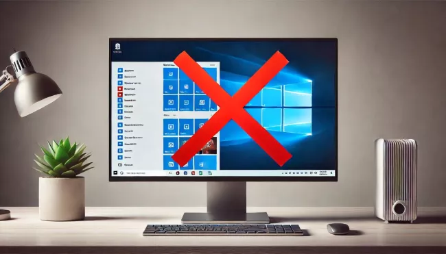 Na monitoru je prostředí Windows 10 červeně přeškrtnuté