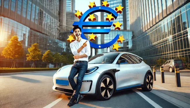 Čínský muž vedle elektroauta ukazuje na symbol EU
