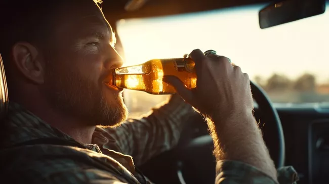 Řidič popíjí pivo za volantem