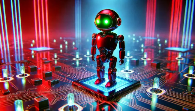 Figurka připomínající robota stojí na procesoru