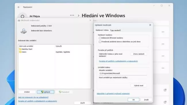 Detaily nastavení vyhledávacího indexu