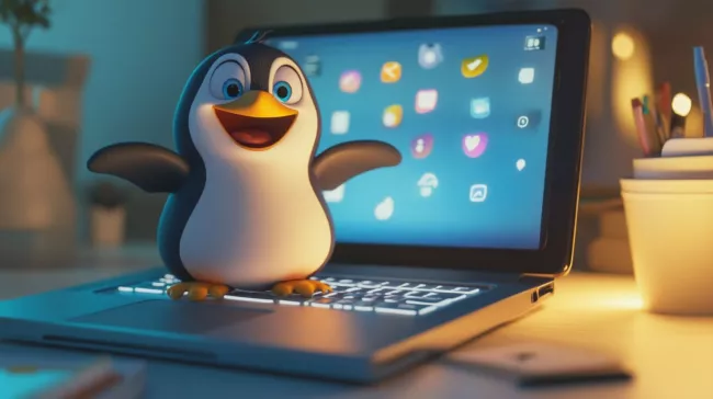 Šťastný tučňák na klávesnici laptopu