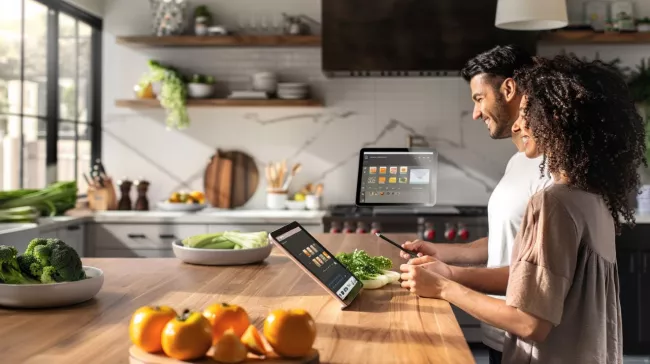 Lidé s tablety v moderní kuchyni