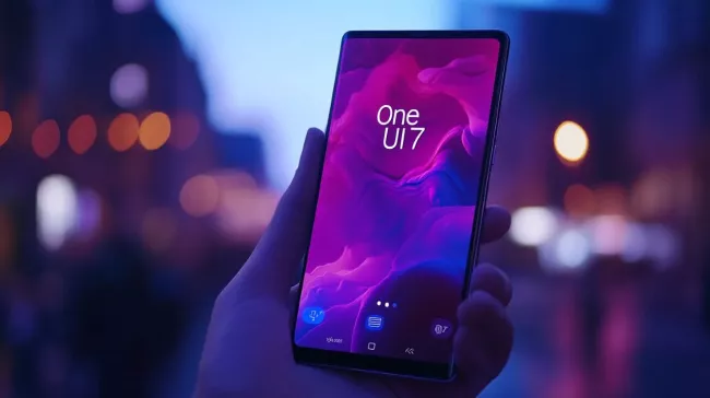 Smartphone s textem One UI 7 na displeji