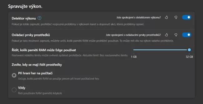Posuvník pro nastavení limitu RAM pro využití prohlížečem