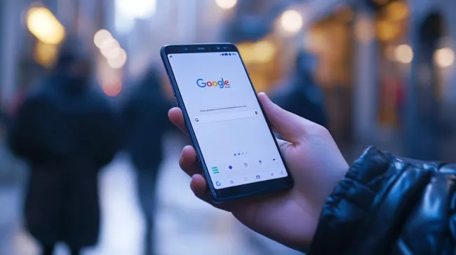 Smartphone a prohlížeč Google na displeji