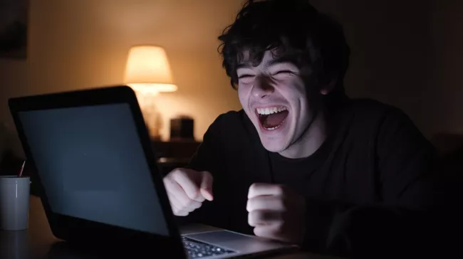 Mladý muž sedí u laptopu a směje se