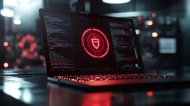 Laptop s bezpečnostním varováním na displeji