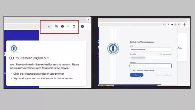 Ukázka zneužití rozšíření 1Password