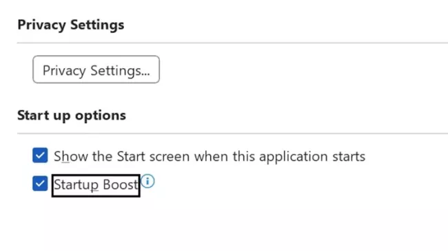 Nastavení soukromí a funkce Startup Boost