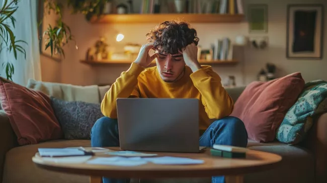 Uživatel zoufale hledí do displeje laptopu