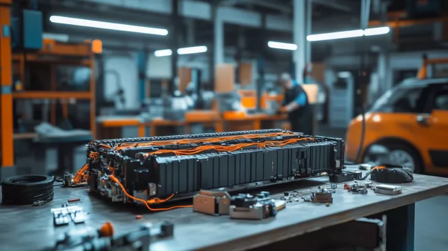 Vyjmutá baterie elektromobilu v servisní dílně