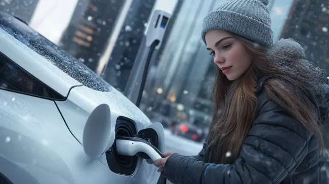 Mladá žena nabíjí v zimě svůj elektromobil