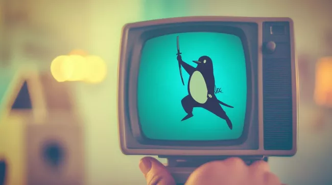 Ninja tučňák na starém monitoru