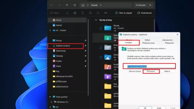 Změna výchozího adresáře pro stahovaný obsah
