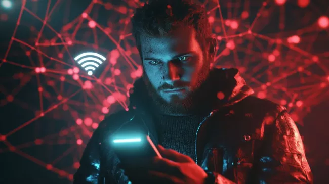 Muž zkoumá Wi-Fi na svém telefonu