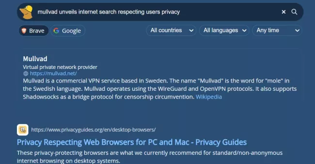 Prostředí alternativního vyhledávače Mullvad Leta