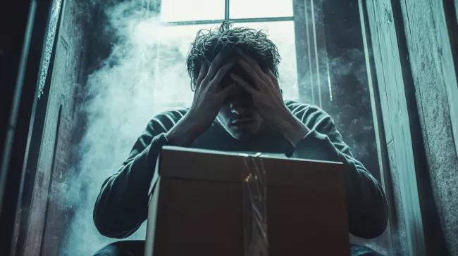 Muž sedí zklamaně u doručeného balíku