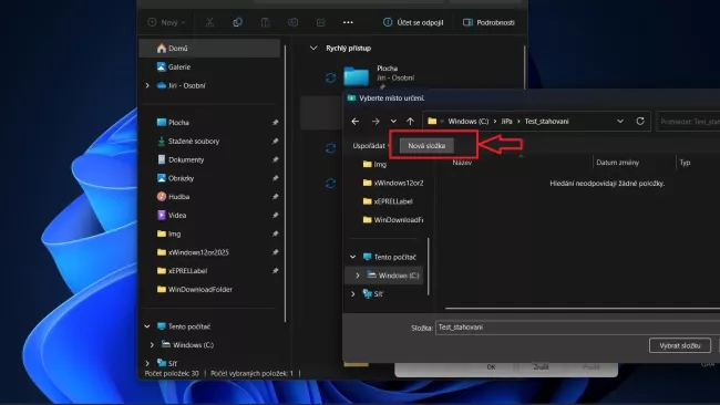 Výběr adresáře nového umístění pro stahovaný obsah