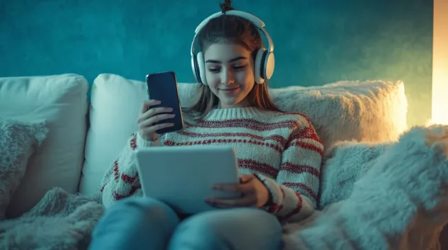 Dívka s tabletem, sluchátky a mobilem