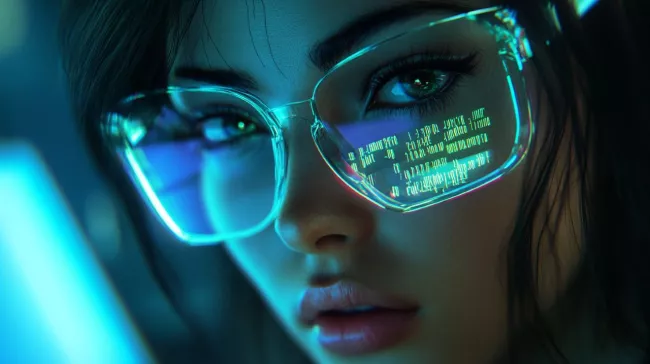 Dívka se zrcadlícím se kódovým výpisem v brýlích