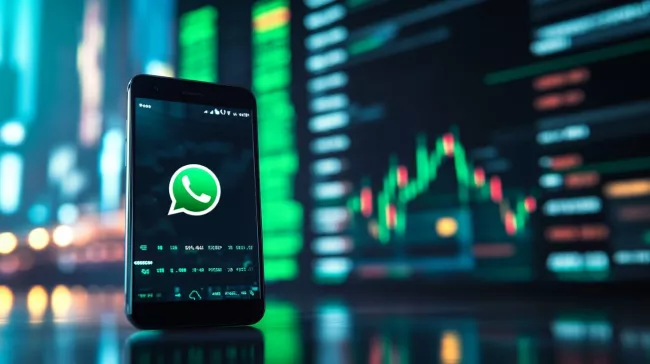 Smartphone s logem WhatsApp na displeji a s motivem burzy v pozadí