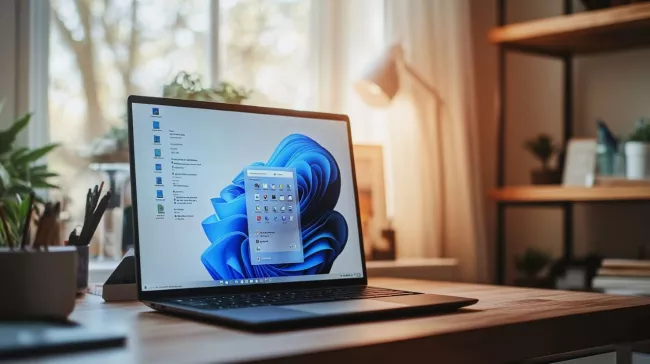 Moderní laptop s pracovní plochou Windows 11 na monitoru