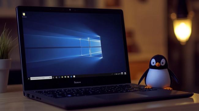 Linuxový tučňák, který sedí na klávesnici laptopu s Windows 10