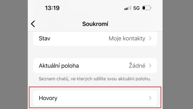 Nabídka Hovory ve složce Soukromí aplikace WhatsApp