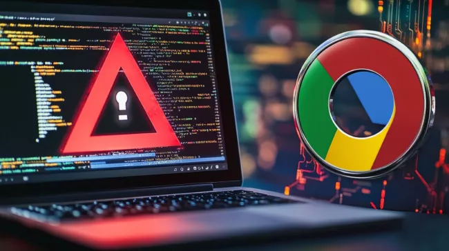 Laptop s kódovým výpisem na obrazovce a vedle logo Chrome