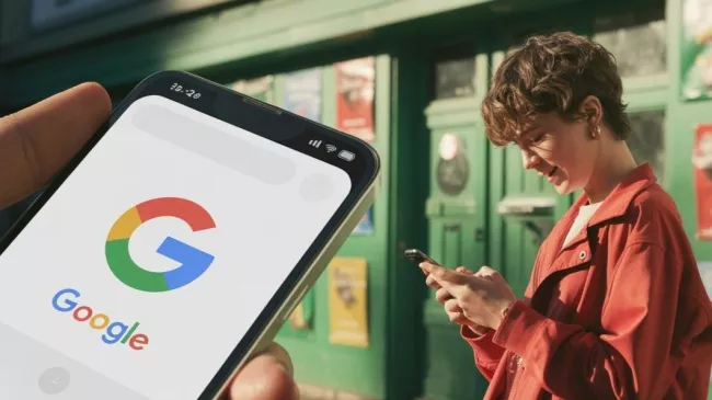 Logo Google na displeji mobilu a uživatelka s mobilem v ruce