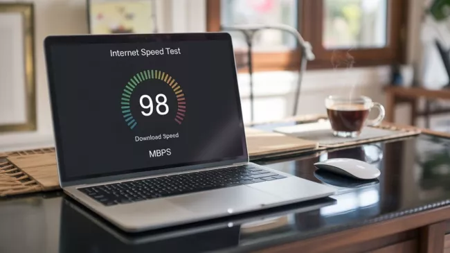 Ukazatel měření rychlosti internetu na displeji laptopu