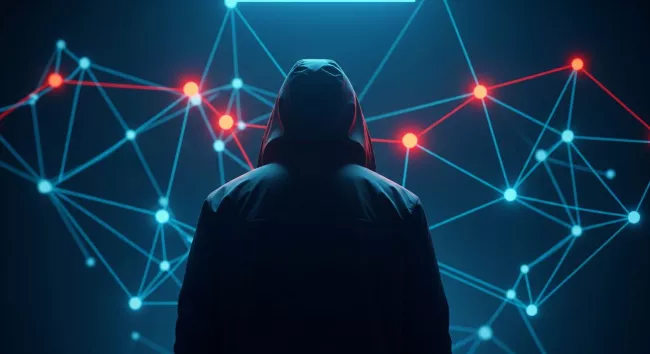 Temná postava a v pozadí motiv internetu