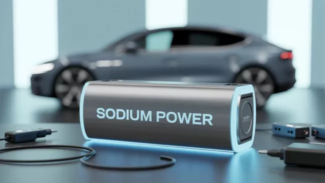 Ilustrace sodíkové baterie s elektroautem v pozadí