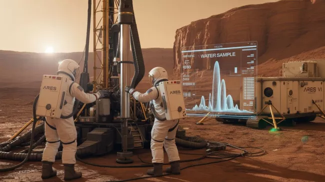 Astronauti zavrtávají sondu do povrchu Marsu