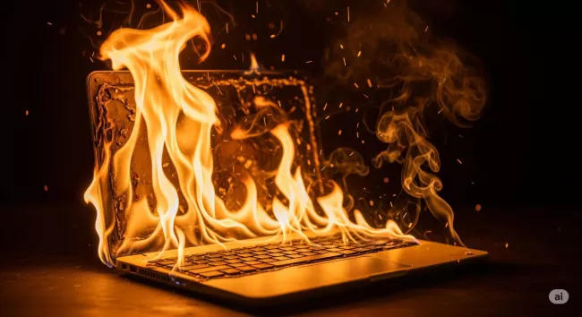 Laptop, ze kterého šlehají plameny