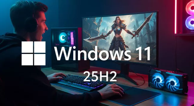 Hráč počítačových her a ilustrace Windows 11 25H2