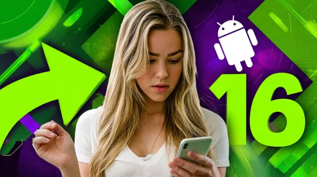 Mladá dívka s telefonem v pozadí s logem Android 16